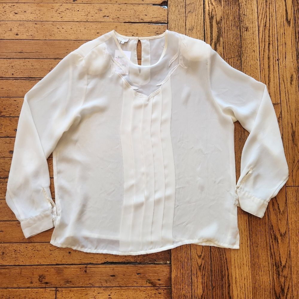 Susan Hutton Vintage Long Sleeve Pleated Detail Sheer Neck Cream Top‎ Size 14